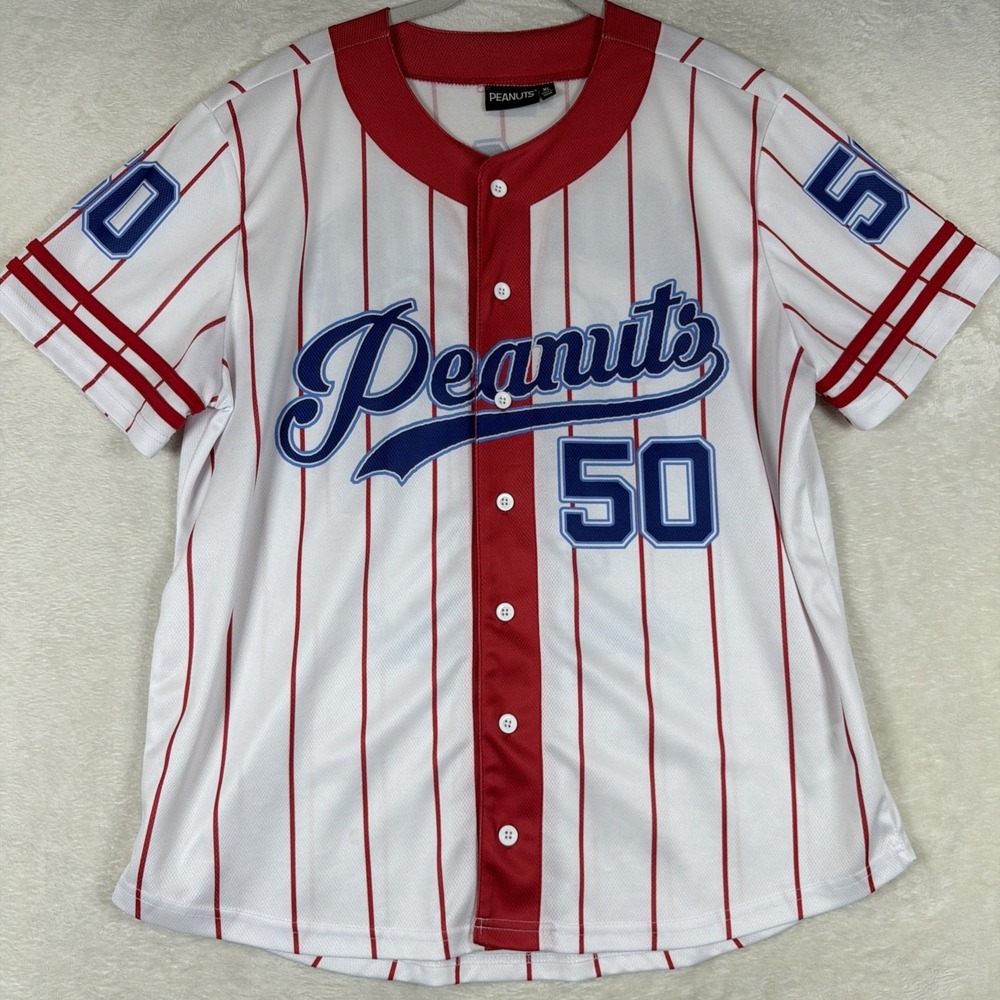 Peanuts Snoopy Baseball Jersey Mens XL Good Grief Athletic Club Pinstripe #50